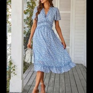 Blue and White Ditsy Floral Frill Trim V Neck Butterfly Sleeve Ruffle Hem Dress